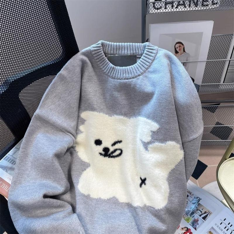 Dámský svetr žakárový s malým psem s kulatým výstřihem a dlouhým rukávem pletený svetr korejský styl roztomilý volný ležérní dámský pulovr top