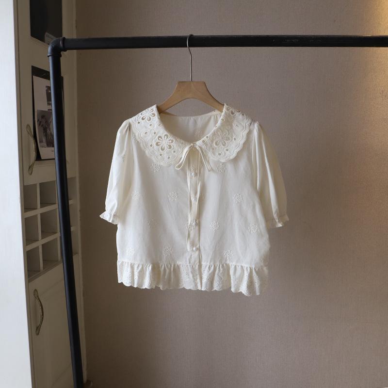 Sommer 2025 Koreanischer Stil Puppenkragen Ajour-Jacquard Kurzarm Damenhemd