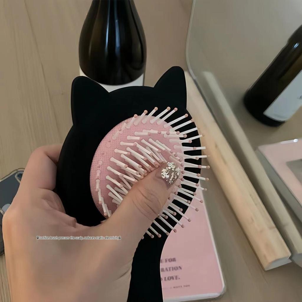 Women's Black Cat Ear Cushion Massage Comb – Portable, Smooths Hair
