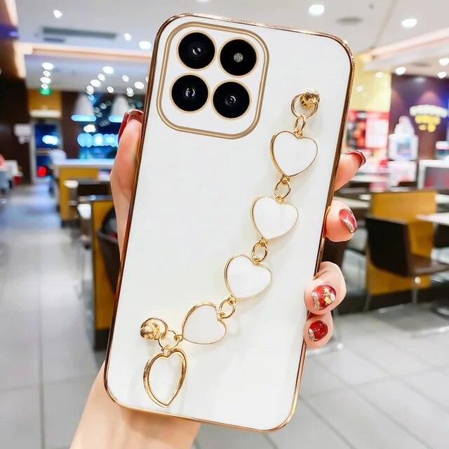 Electroplate Love Heart Bracelet Case For Xiaomi Mi 14T Pro 13T Pro 12T 11T Pro Chain Wristband Camera Lens Protection Soft Cover
