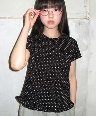RONRON Ruffle Round Collar Pk T Shirt Dot Black
