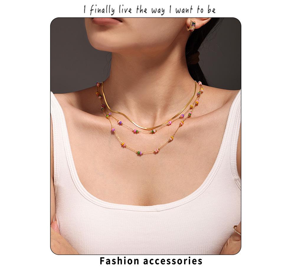 Qiong Yao Handmade Double Layer Stainless Steel Necklace with Colored Natural Stones for Women - Sweet, Light Luxury Feel