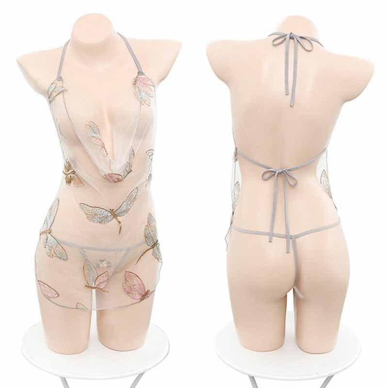 Sex Underwear Sexy Women's Perspective Mesh Pure Desire Butterfly Embroidered Pajamas Tease Passion Nightdress Set