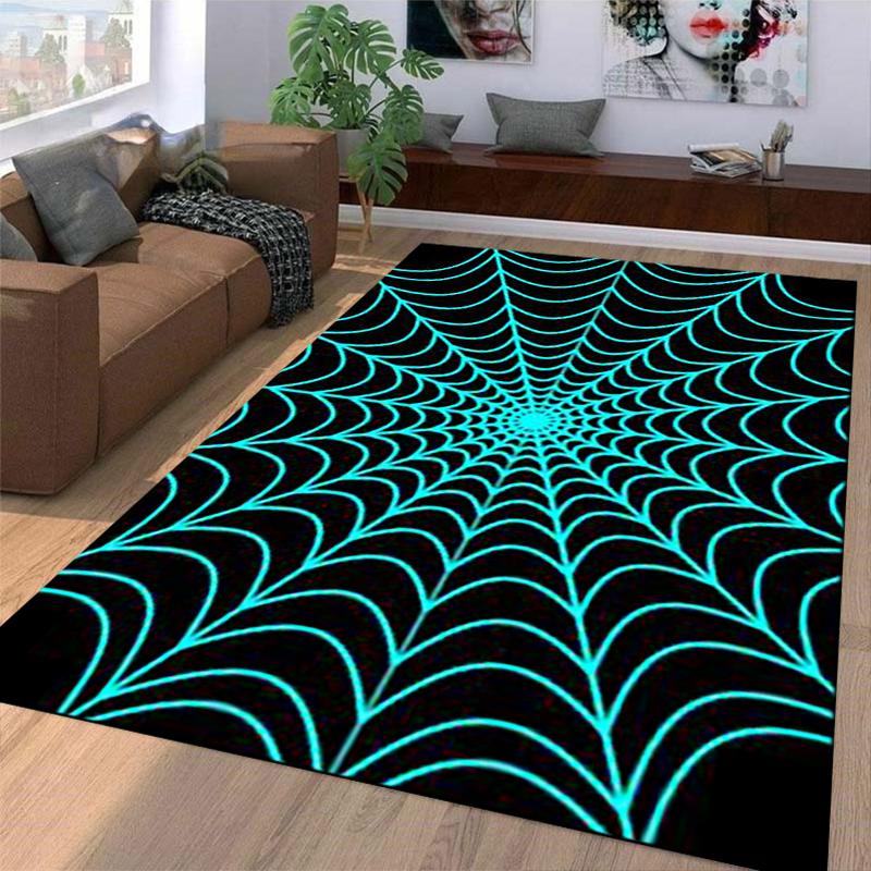 Glow-in-Dark Spider Web Pattern Rug, Black and Blue Geometric Style Carpet Suitable for use as an anti-slip for living room bedroom sofas