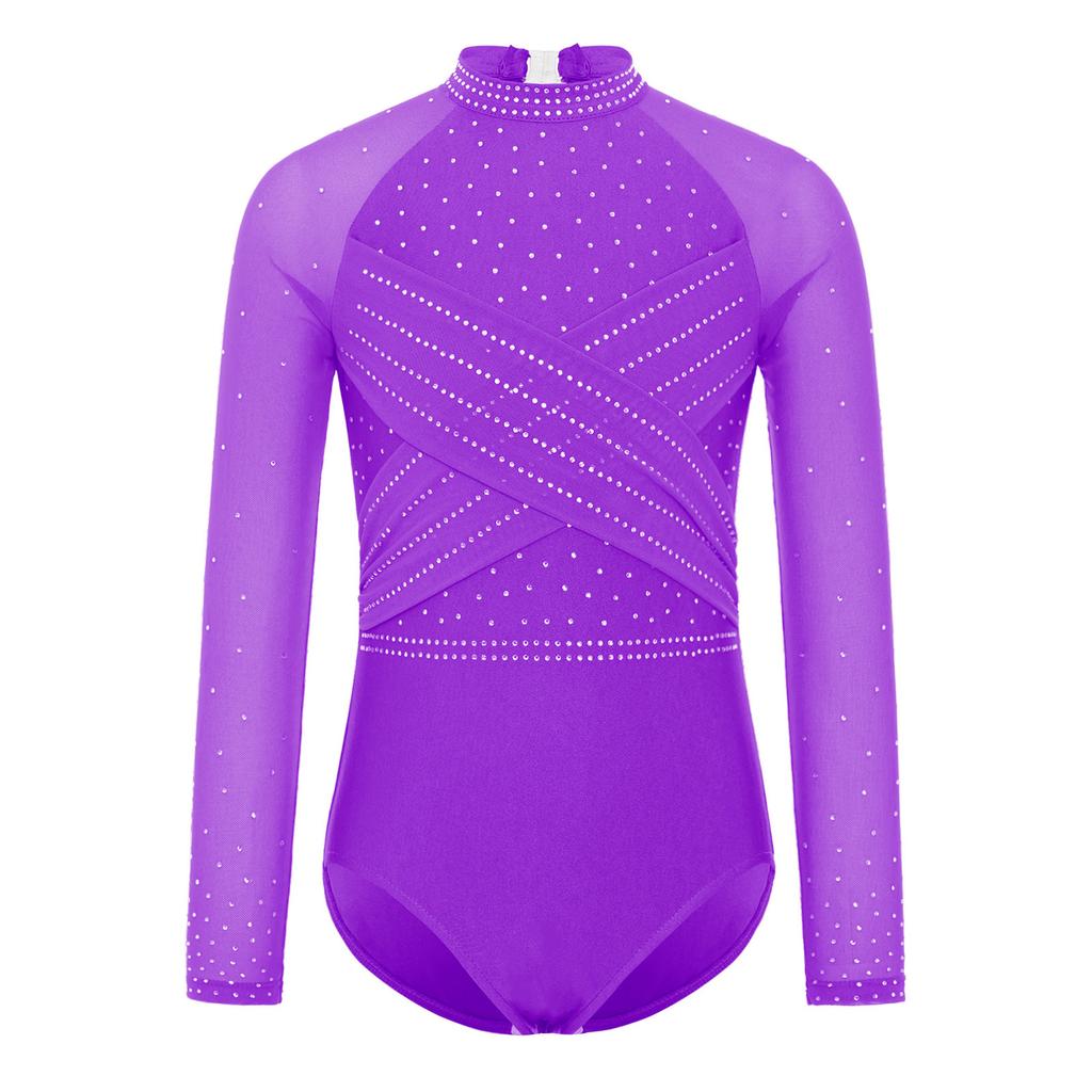 Dívčí průhledný síťovaný trikot s dlouhým rukávem, kamínky, gymnastický, s vykrojením vpředu a vzadu, body