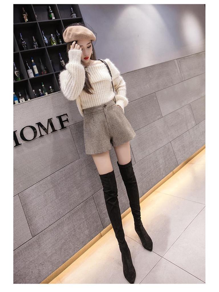 Pantaloni scurți de damă cu talie înaltă, din lână, cu imprimeu pied-de-poule, croială A-line - Toamnă/Iarnă 2022