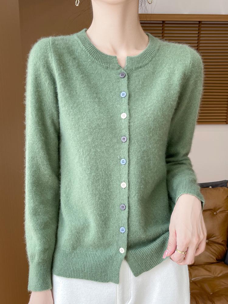 Women's Slim Fit Australian Wool V-Neck Cardigan - Autumn/Winter Collection, Solid Color, Soft, Skin-friendly, Versatile, Button-up Sweater