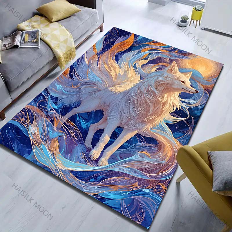 1PC White Fox with Colorful Swirls Pattern Rug Carpets for Bedroom Living Room Sofa Mat Creative Door Mat Cloakroom Home Decor