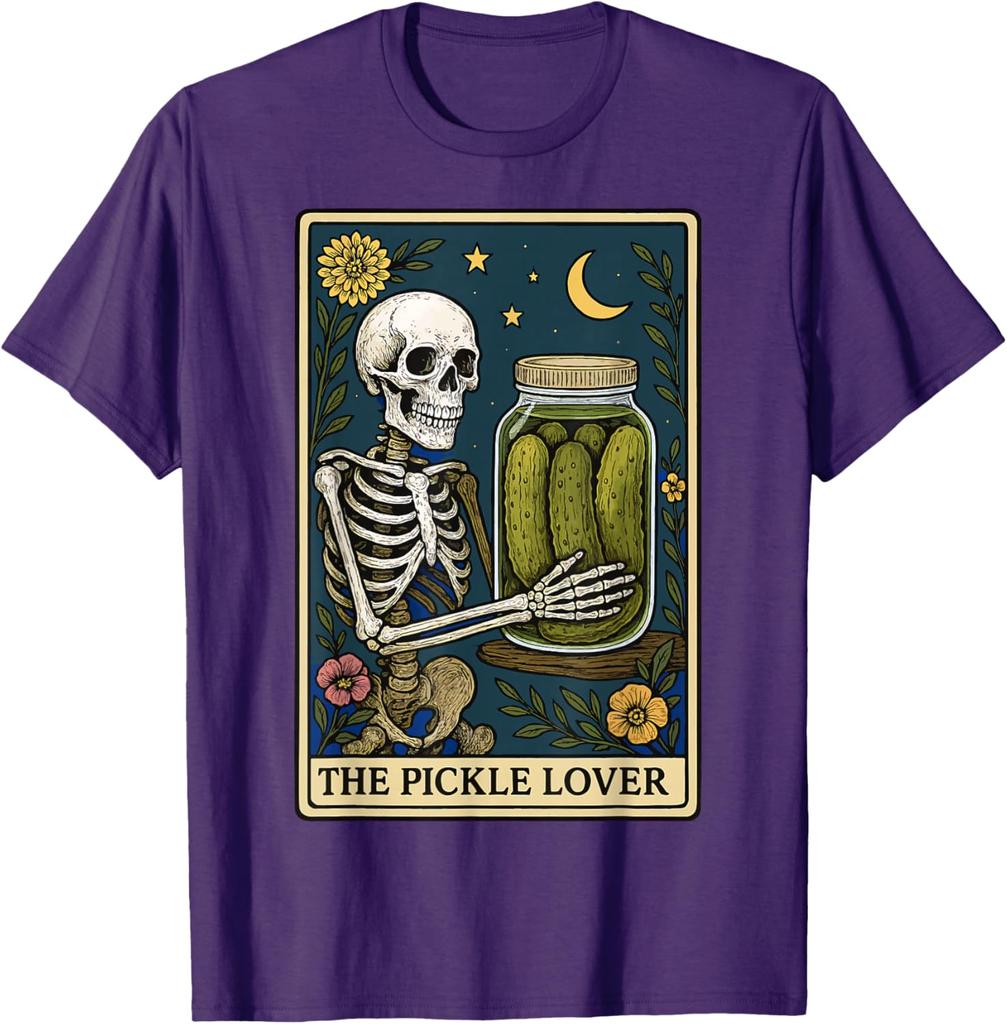 Skeleton Holding Pickle Jar Tarot Card Graphic Print Cotton Casual T-Shirt for Men Trip