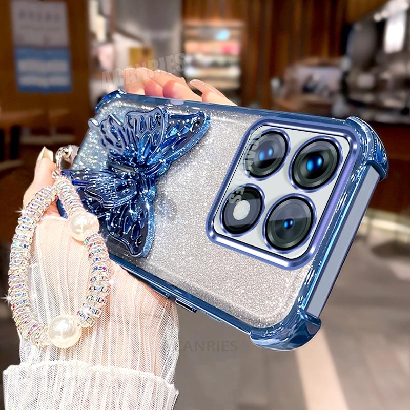 Xiaomi14t Lanyard Plating Butterfly Holder Silicone Case For Xiaomi Mi 14t Pro 13t Mi13t Mi14t Shockproof Stand Cover Mi14tpto