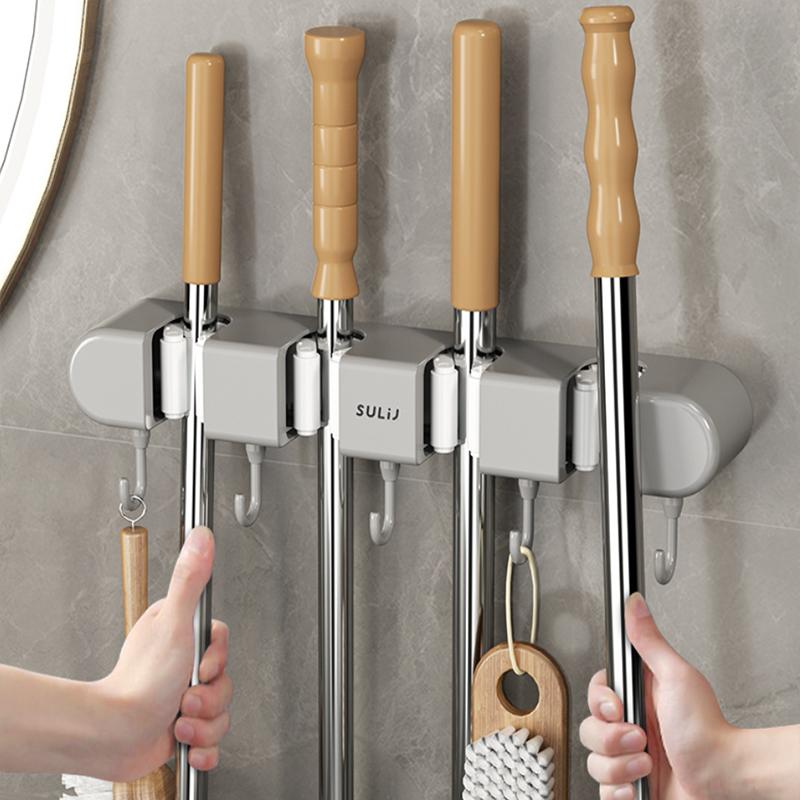 

Wall Mounted Mop Organizer Holder Bathroom Storage Shelves No Drilling Self-Adhesive Storage Hook Multifunction Holder