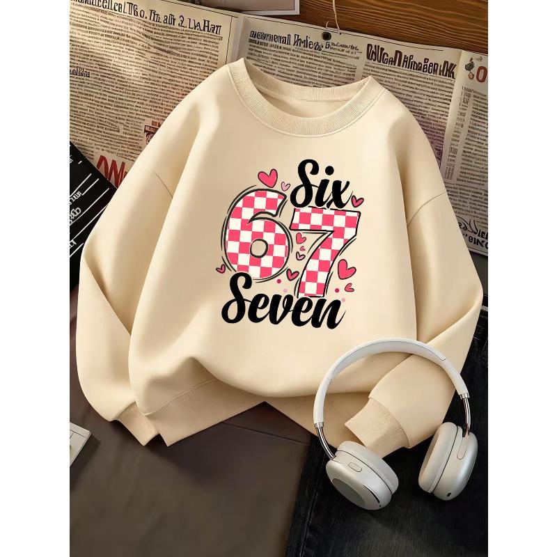 Kids Unisex Crewneck Sweatshirt, Pink Checkered Heart Number 67 Print Pullover, Cute Casual Birthday Sweatshirt For Boys Girls Kids Over 4 Years Old