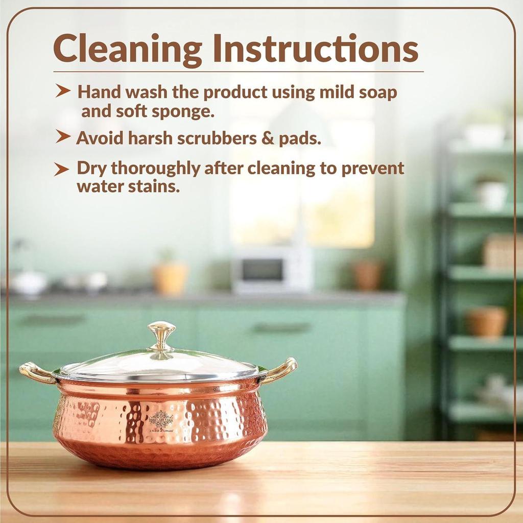 Hammered Steel Copper Casserole Donga Bowl with Glass Lid, Tableware and Serveware (2200 ml)