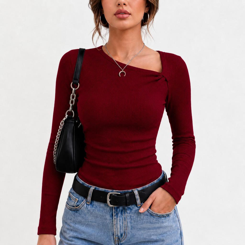 Knitted base shirt for women in spring and , with temperament and atmosphere, slanted collar top, moderate length, long sleeves
