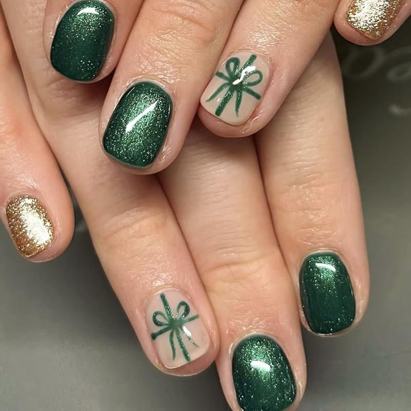Christmas Press on Nails Medium Square Fake Nails Xmas Nails Press ons with Winterberry,Candy Cane,Snowflake,Santa Hat Design Reusable Artificial