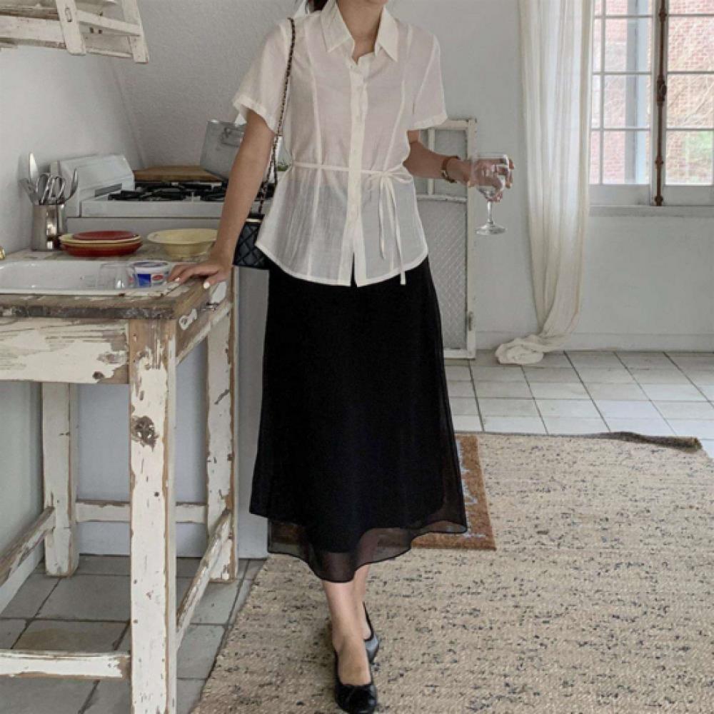 New ArrivalS Open Run Women S Sheer waiSt Strap Collar Short Sleeve blouSe