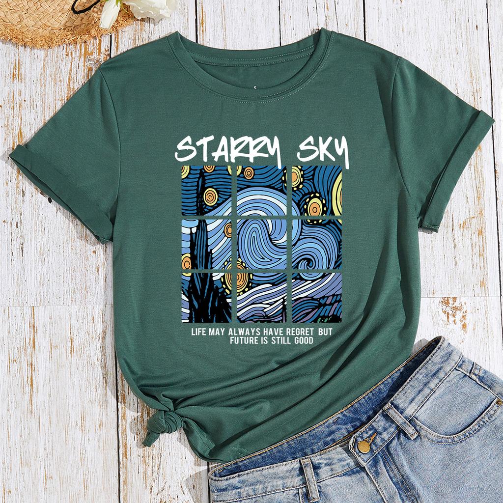 Bawełniany T-shirt Krótki Rękaw Okrągły Dekolt Damski Nadruk 2D Top