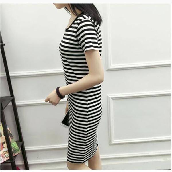 Ladies Mid-length Stripe Round Neck Slim Base Short Sleeve Loose and Casual Easy To Dry and Absorb Sweat Dress