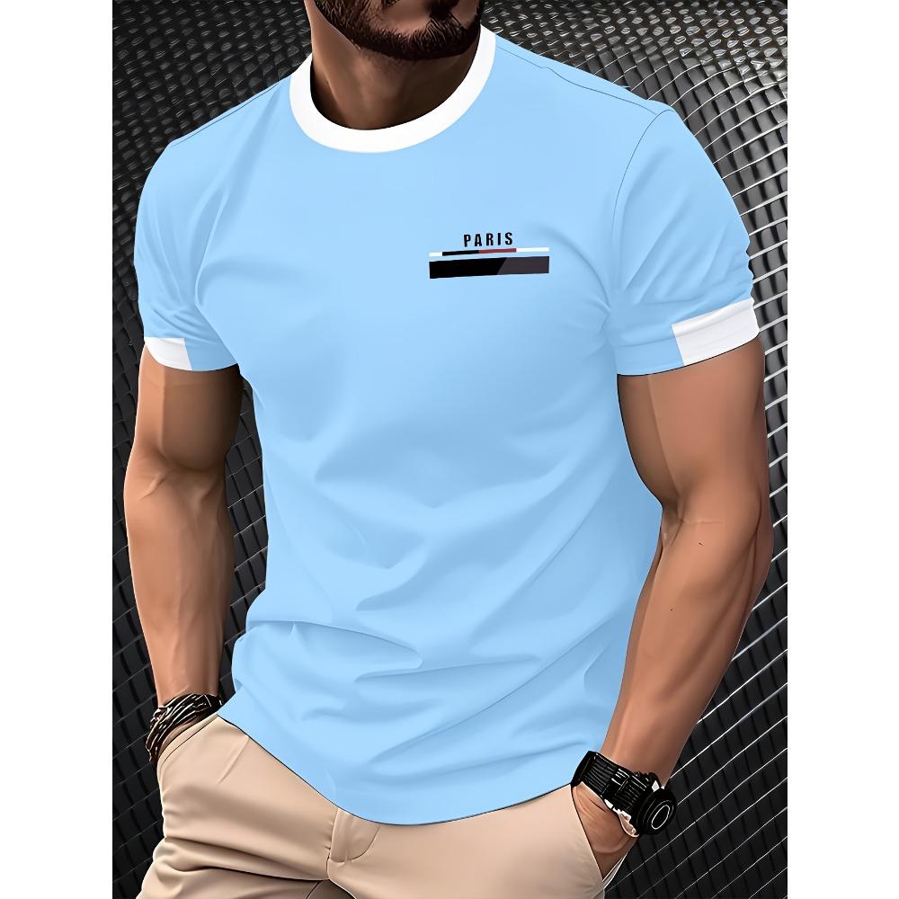 Men's 3D printed short sleeved T-shirt with color blocked striped pattern, breathable and lightweight fabric, casual men's streetwear top