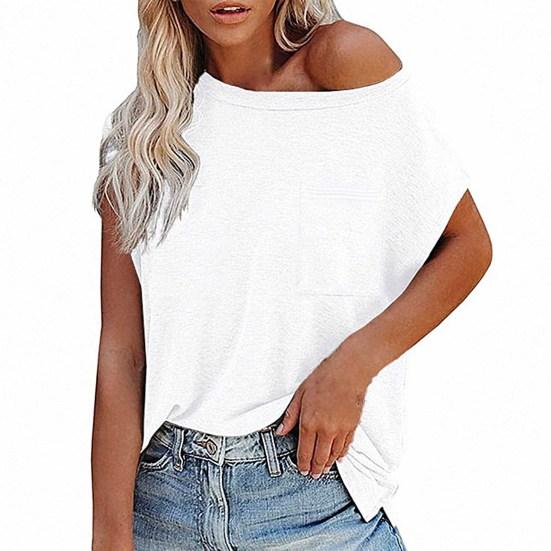 Women Summer Solid Color O-neck Off Shoulder Short Sleeves T-shirt with Pocket
