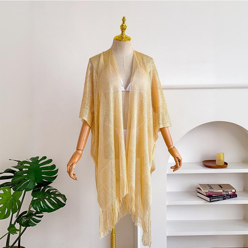 European & American Tassel Shawl: Sun Protection Bikini Beach Cover-up, Solid Color Hollow-out Design