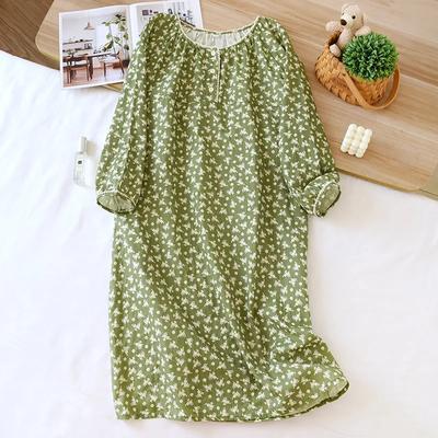 2026 Nouvelle Robe de Nuit Printemps/Été pour Femmes Coton Gaze Manches Longues Ample Col Rond Florale Longueur Moyenne Robe d'Intérieur Dames