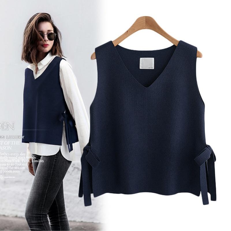 Autumn and Winter Knitted Siping Lace-up Vest, V-neck Pullover Vest, Loose Outer Sleeveless Sweater Waistcoat