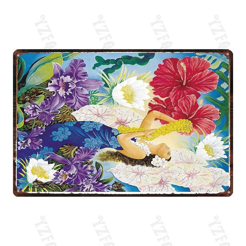 Vintage Hawaii City Painting with Hula Dancers  Metal Travel Tin Sign for Wall Decor In Pubs Cafes and Homes  Beach Metal Pla