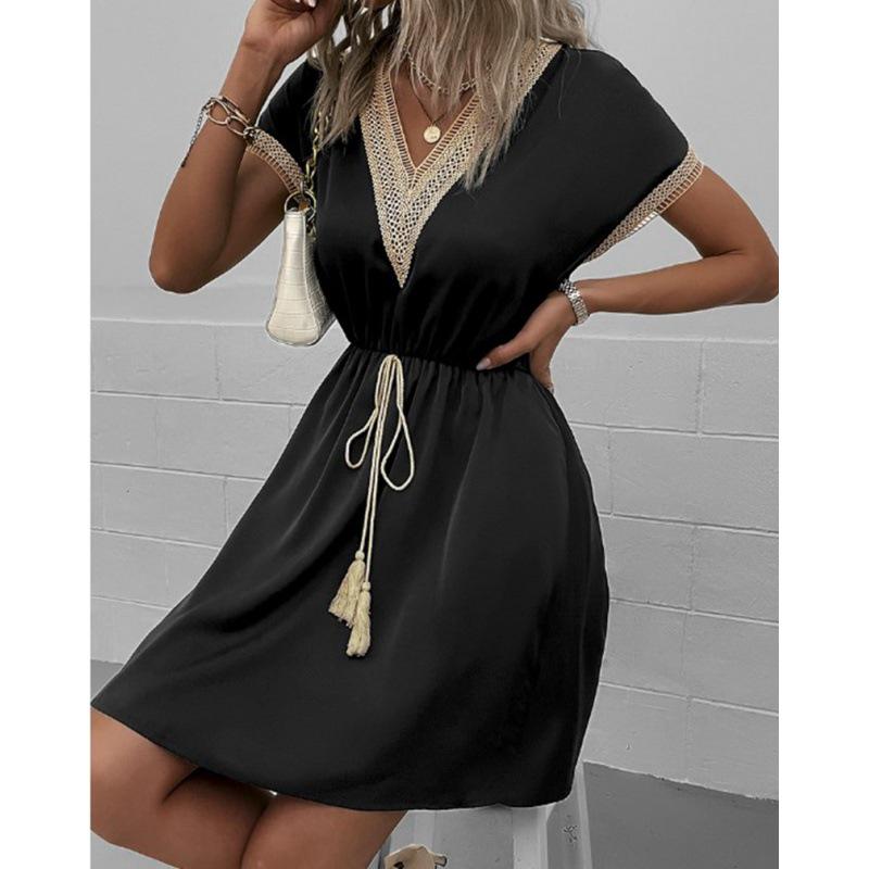 Spring/Summer Solid Color Lace V-Neck Dress with Short Sleeves