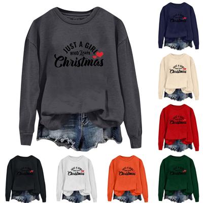 Moletom feminino casual solto cor sólida estampa de letras de natal gola redonda manga comprida