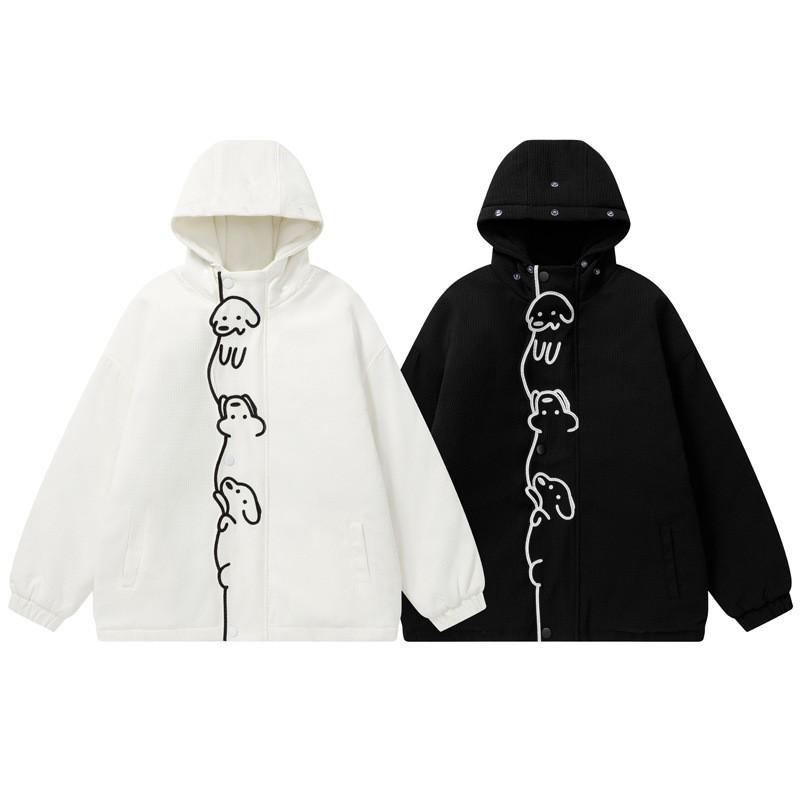 Unisex Oversized Hooded Cotton Puffer Jacket With Embroidered Dog Design Winter Warm Thick Fleece Lined Streetwear Coat