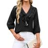 Womens Ruffled V Neck Three Quarter Sleeve Polka Dot Chiffon Blouse
