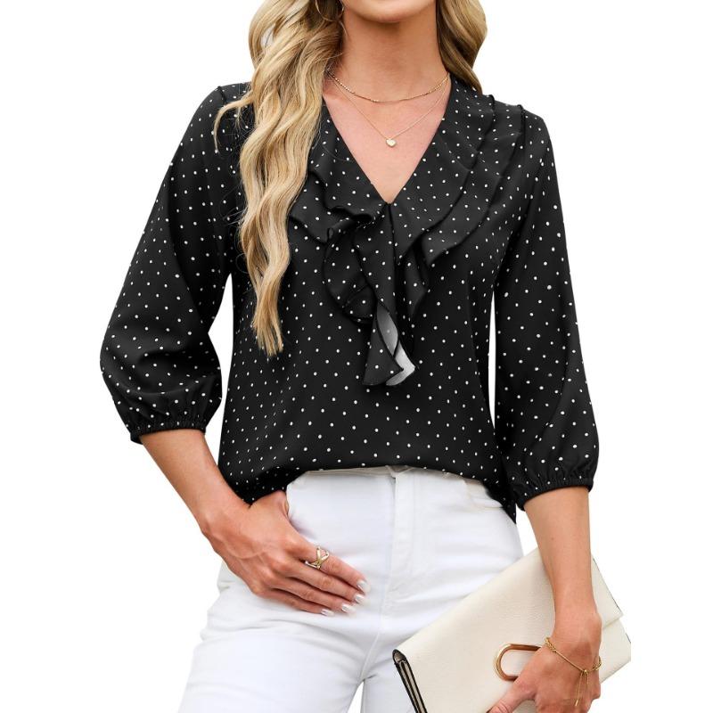 Womens Ruffled V Neck Three Quarter Sleeve Polka Dot Chiffon Blouse
