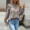 Chic Women Autumn O Neck Printed Flying Sleeve Pleated Blouse Commuter Fragmented Temperament Shirt