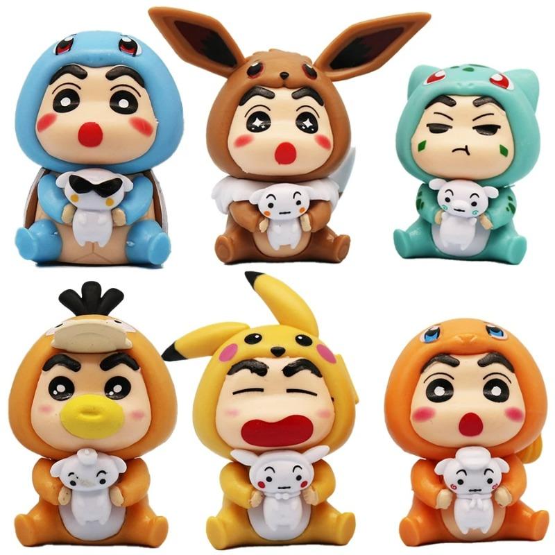 6Pcs/Set Q Version Crayon Shinchan Anime Figure Shinchan COS Pokmon Pikachu Action Figure Room Decorations PVC Collection Toy
