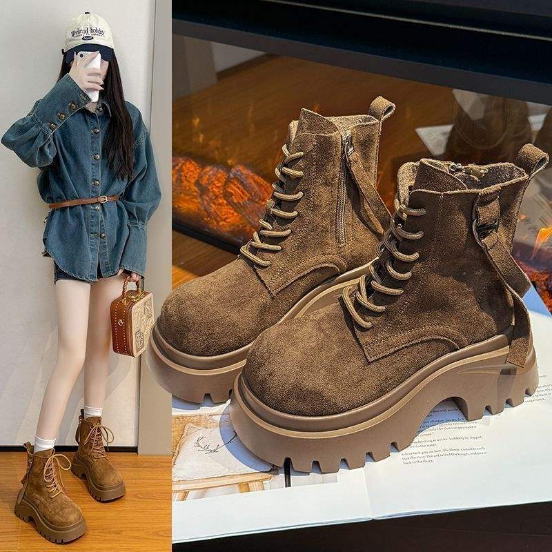 Thick-soled Matte Martin Boots Women's 2025 Autumn New Muffin Heightening Retro Locomotive Short Boots Lace-up