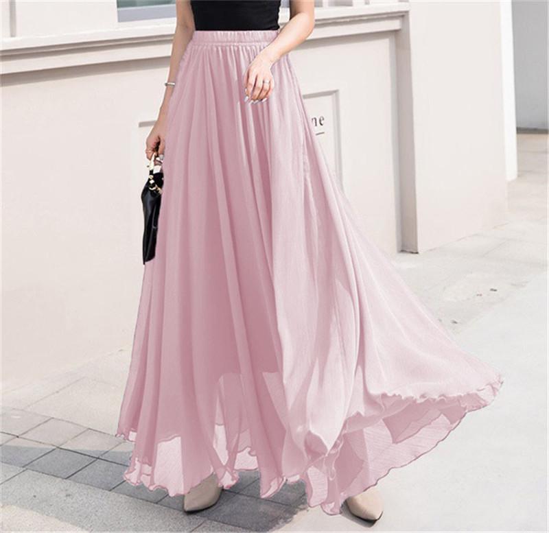 Women's European & American Chiffon High Waist Long Skirt - Solid Color, Spring/Summer Collection.