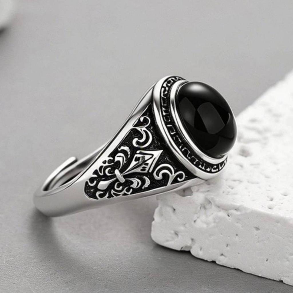 Vintage Faux Onyx Rings For Men Stainless Steel Adjustable Open Wide Ring Copper Color Fashion Punk Jewelry Gift