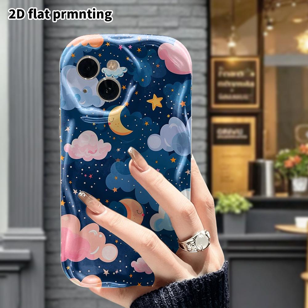 Phone Case: 2D Flat, Suitable for iPhone 18, 17, 16, 15, 14, 13, 12 Pro Protective Cases, Light Cartoon Night Sky with Stars and Moon, Perfect Christm