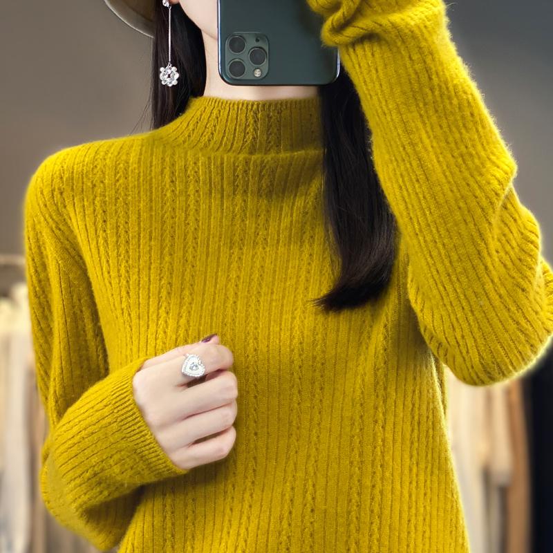 Damski sweter z półgolfem, kaszmir Qinghe, 30% kaszmiru, 70% wełny, zimowy sweter dzianinowy, jesienny sweter kaszmirowy