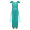 Girls Belly Dance Costume Arabian Princess Rompers Sequined Waist Tulle Overlay Jumpsuit Contrast Color Rhinestone Decor