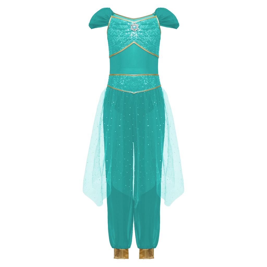 Girls Belly Dance Costume Arabian Princess Rompers Sequined Waist Tulle Overlay Jumpsuit Contrast Color Rhinestone Decor