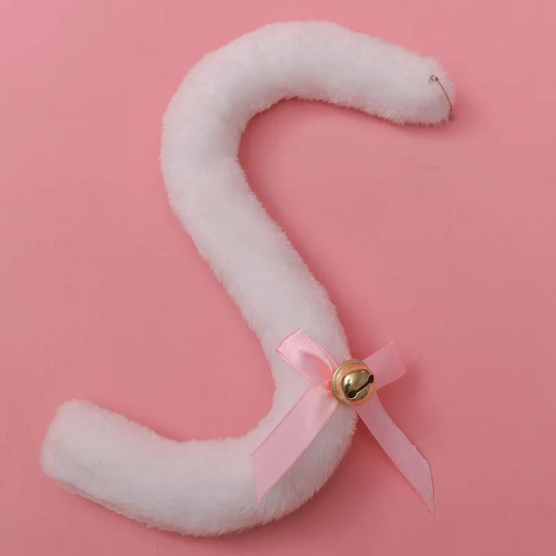 Plush Long Cat Tail with Ribbon Bowknot Bell Plush Furry Cat Ears Headwear White Lace Women Girls Party Cosplay