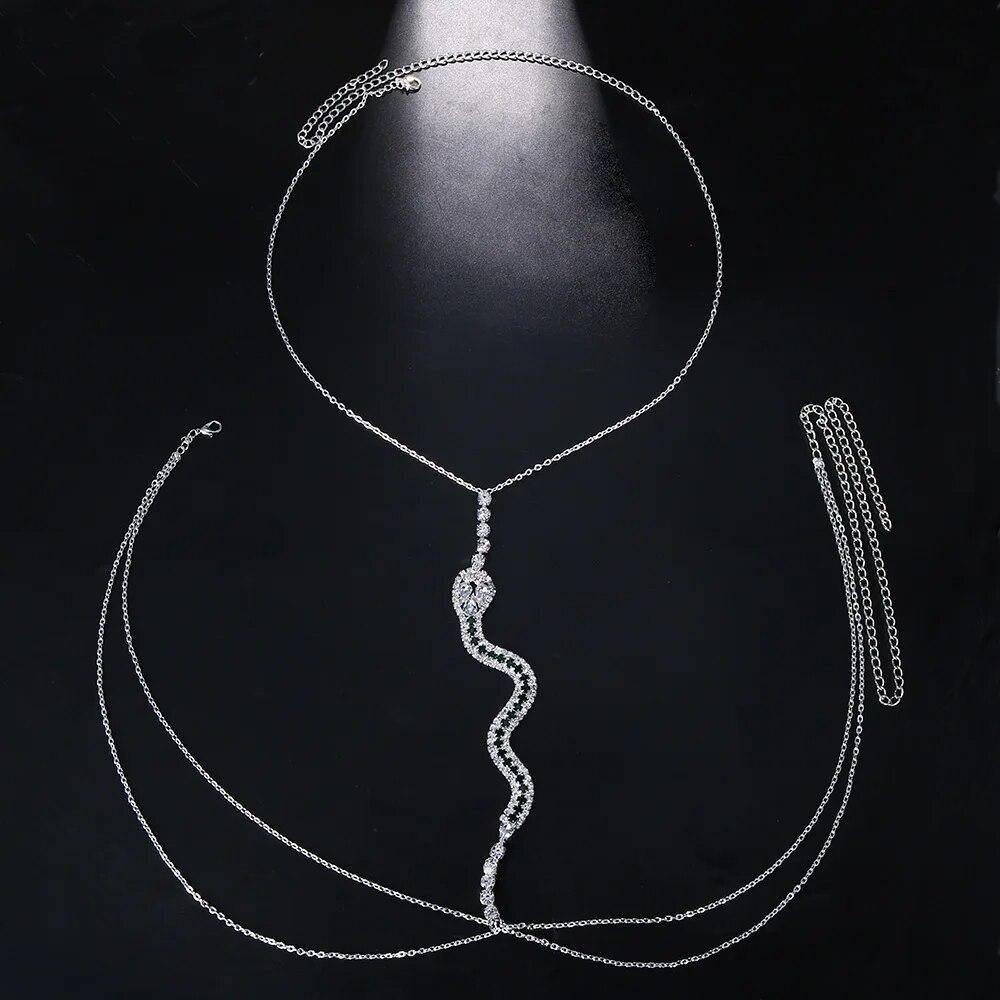 

Сексуальная очаровательная змея, зеленый кристалл, цепочка на талию для живота с шеей, стразами, на груди, ювелирное изделие для тела, ожерелье для женщин, праздничная одежда