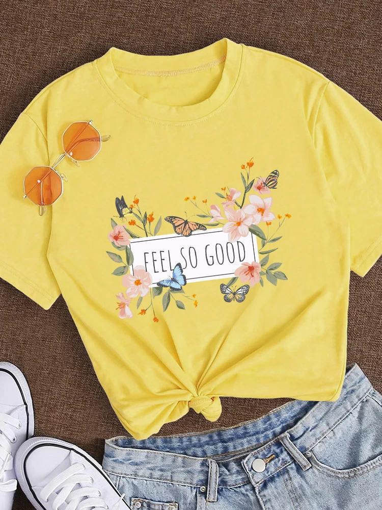 Feel So Good Flower Butterfly Print Women T Shirt Short Sleeve O Neck Loose Women Tshirt Ladies Tee Shirt Tops Camisetas Mujer