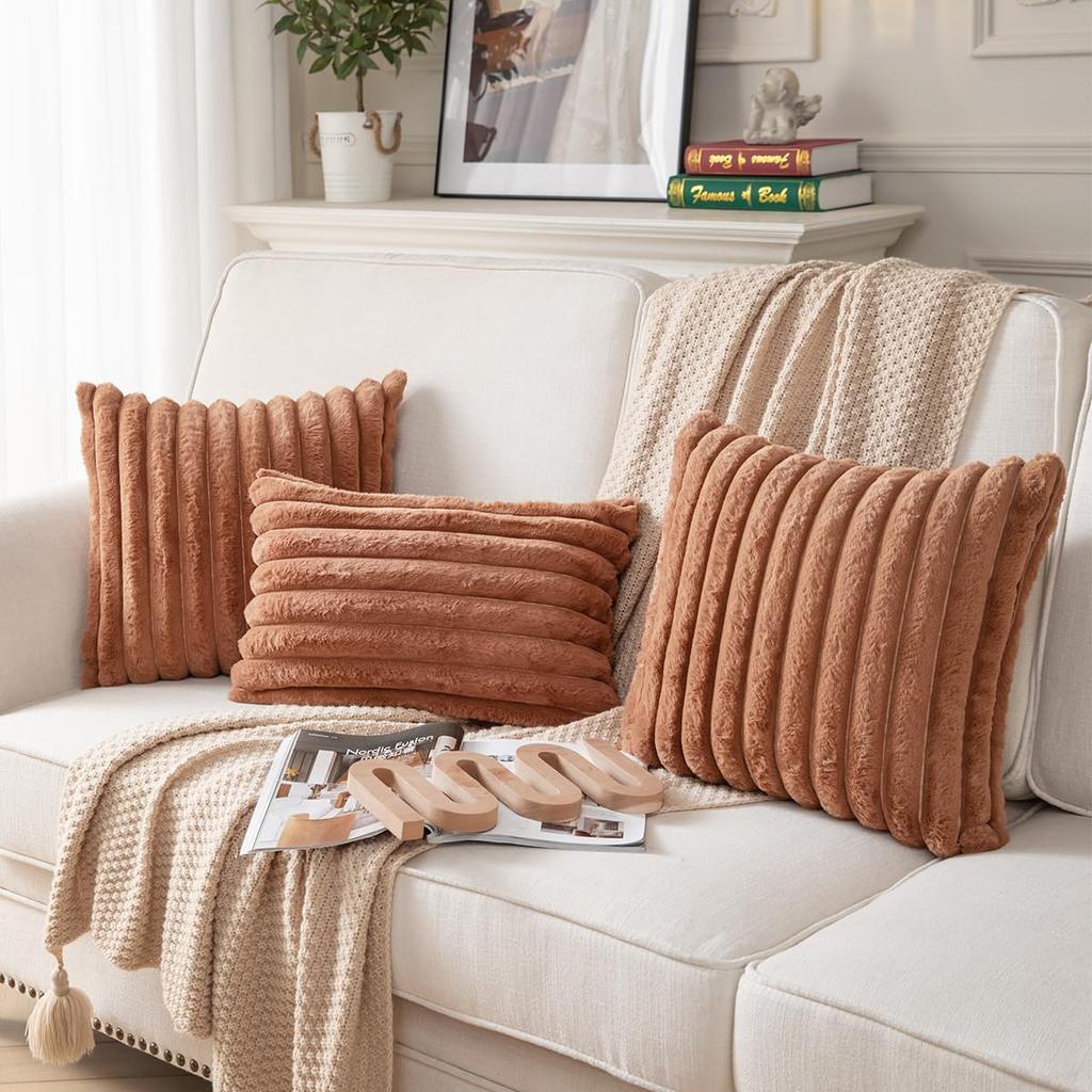 1pc Faux Fur Plush Decorative Throw Pillow Covers Fuzzy Striped Soft Pillowcase Cushion Covers for Sofa Couch Bedroom 18x18 Inch
