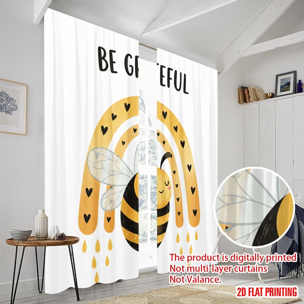2pcs 2D Flat Printing Window Curtains Cute Bee Rainbow Gratitude Polyester Without Electricity Holiday Decorations Perfect for