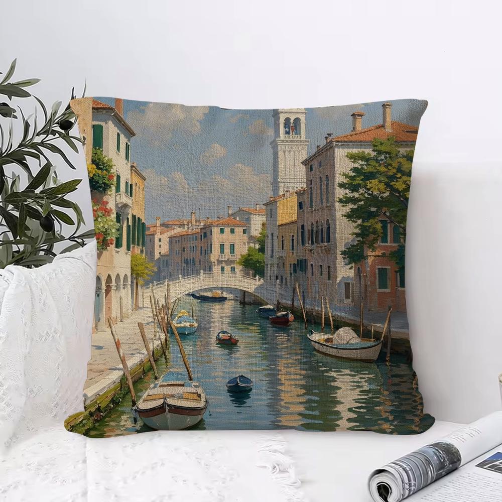 Oil Painting Venice Town Cushion Cover Eco Linen Pillow Case DoubleSided Print Breathable Durable Zipper Home Decor Gift