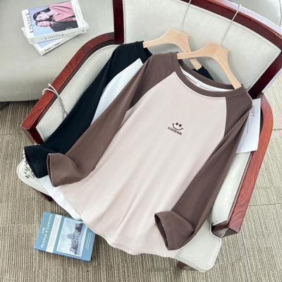 Tricou de damă mărime mare cu design raglan, din pluș, cu mânecă lungă, culoare contrastantă, stil îngroșat, potrivit până la 300 Jin.