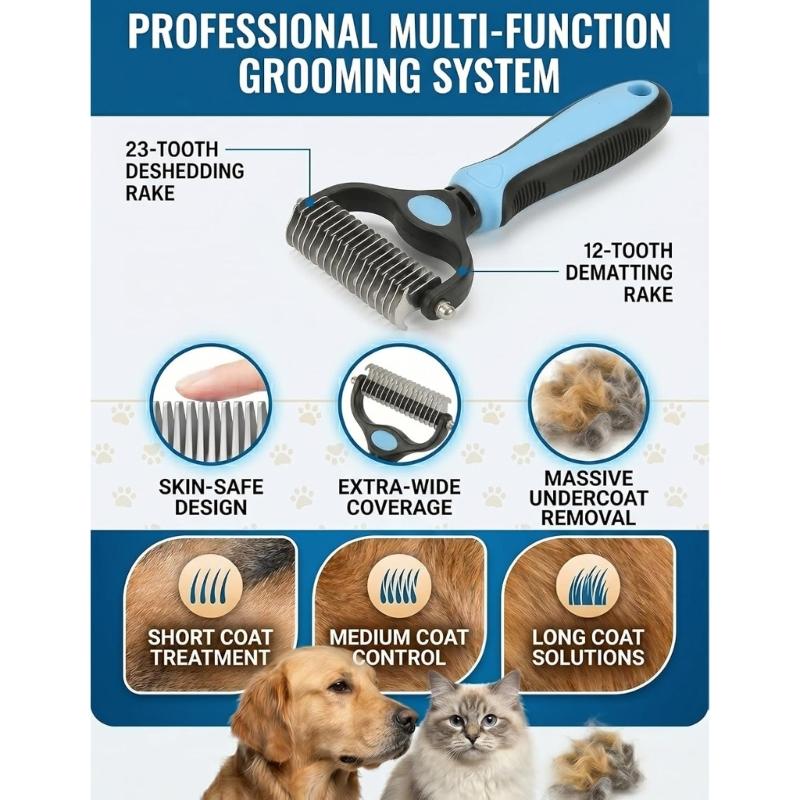 Massage Feature Pet Grooming Tool Deshedding Brush for Dog Cats Double Side Design Hair Remover Comfort Experience Knot Remover